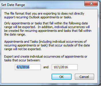 set date range - Export Calendar from Outlook to Excel