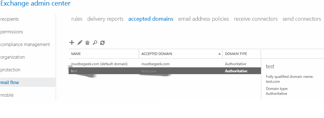 configure accepted domain in Exchange 2016 - Using EAC