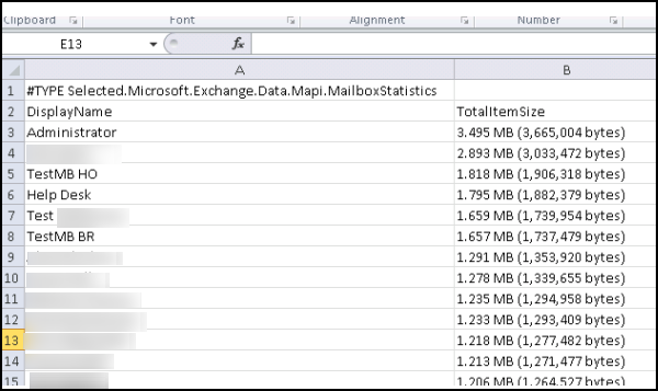 Mailbox Statistics List According to Size