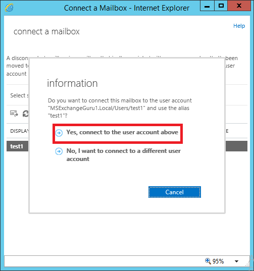 Connect Disconnected Mailbox Popup