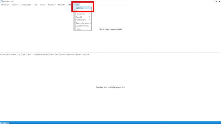 MFCMAPI Tools menu with Options selected to configure settings before you Delete Duplicate Folders in Outlook.