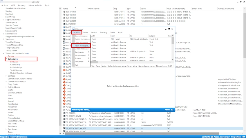 MFCMAPI Actions menu with Paste Messages selected to move items into the original folder.