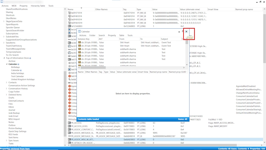 MFCMAPI window showing the original folder after items have been pasted, before closing the window.