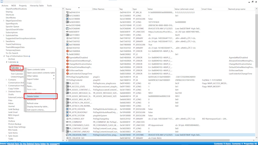 Right-clicking a folder in MFCMAPI and selecting Delete Folder to Delete Duplicate Folders in Outlook.