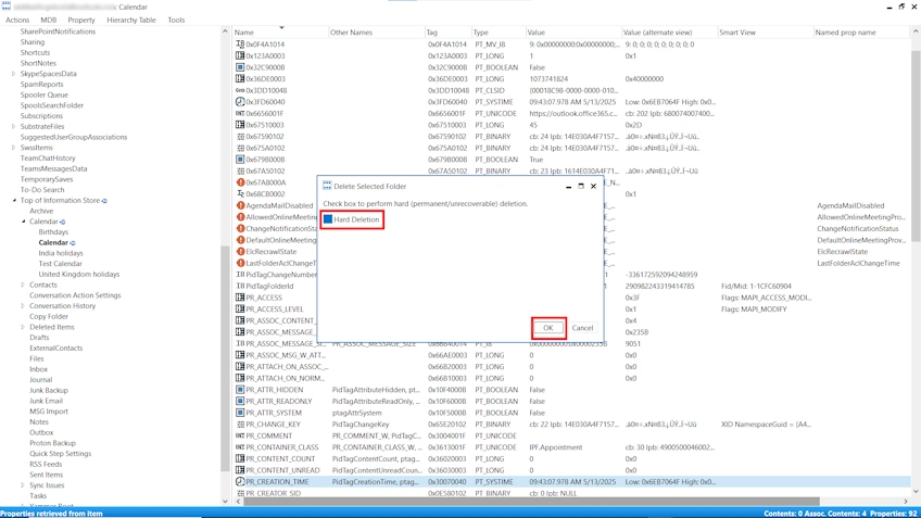 MFCMAPI Delete Folder confirmation with Hard Deletion checked, a key step to Delete Duplicate Folders in Outlook.