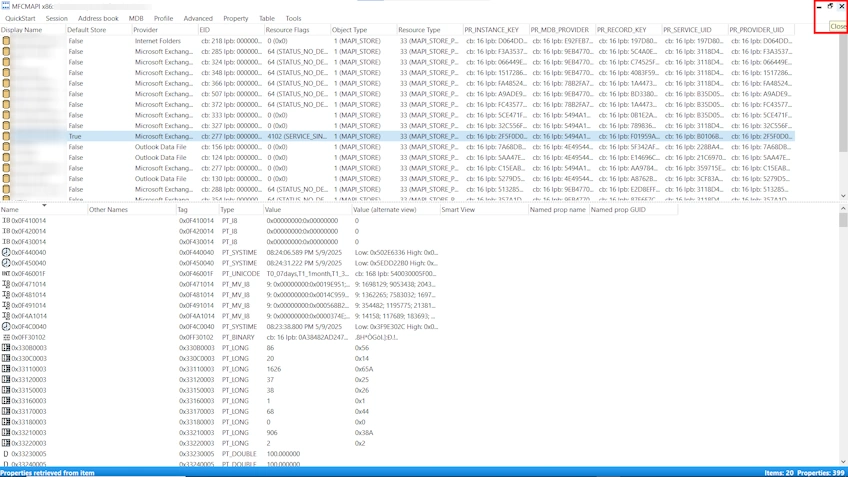 Closing MFCMAPI windows after successfully using the tool to Delete Duplicate Folders in Outlook.