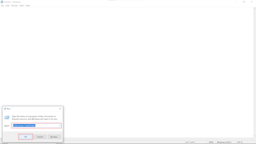 Windows Run dialog with Outlook.exe /resetfolders command to finalize and Delete Duplicate Folders in Outlook view.