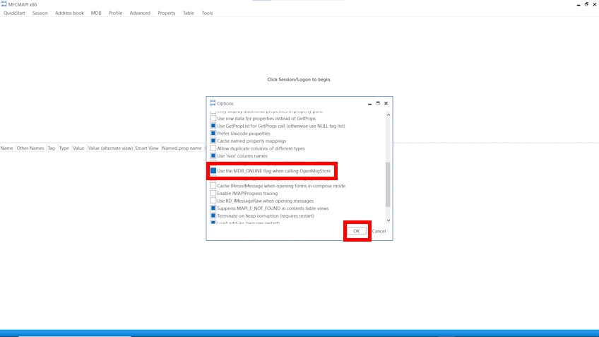 MFCMAPI Options dialog showing Use MDB_ONLINE checkbox for the process to Delete Duplicate Folders in Outlook.