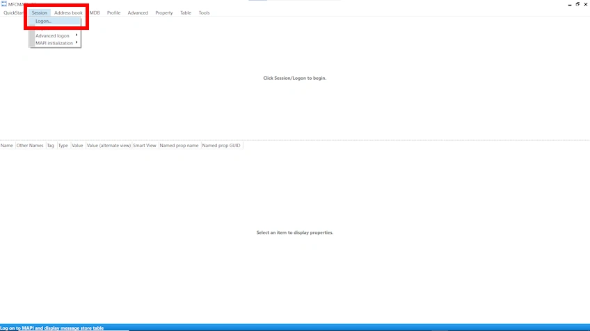 MFCMAPI Session menu with Logon option highlighted to access the mailbox.