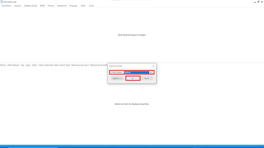 Choose Profile dialog box in MFCMAPI prompting for Outlook profile selection.