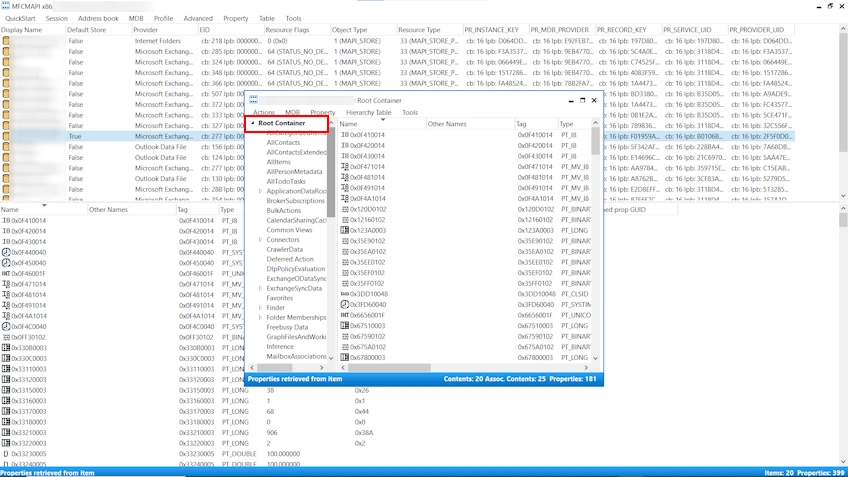 MFCMAPI navigation pane showing Root Container expanded as a step to Delete Duplicate Folders in Outlook.
