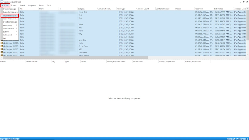 MFCMAPI Actions menu with Copy Messages selected to rescue items from a duplicate folder.
